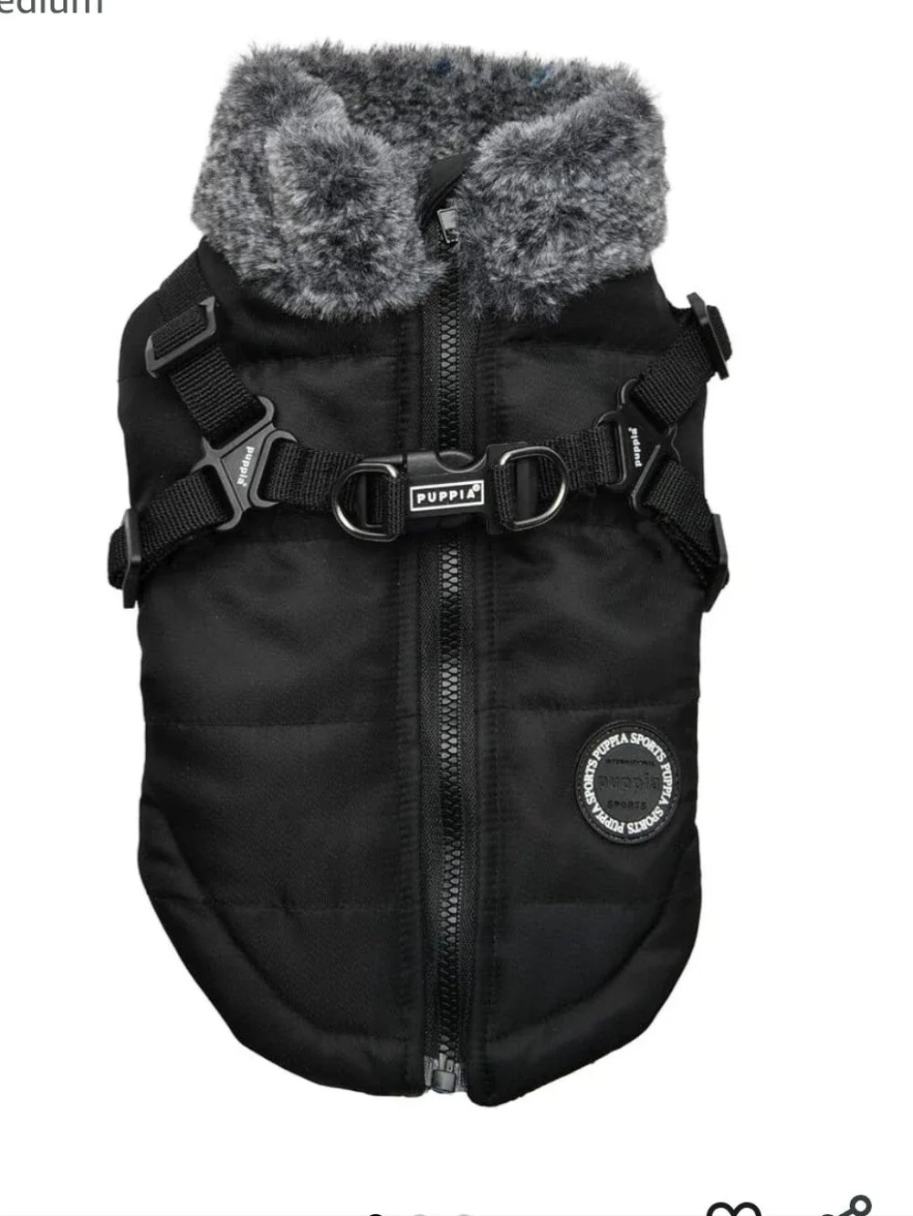 Puppia Black Quilted Vest with Gray Faux Fur Collar and Harness